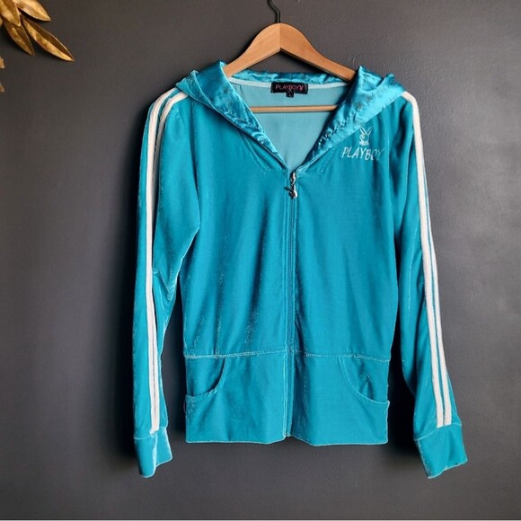 Vintage Playboy Blue Hoodie Jacket Velour Size L White Icy Blue Track Jacket - Picture 1 of 13
